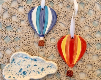 Hot air balloon hanging ornament - colourful home decor - ceramic decoration