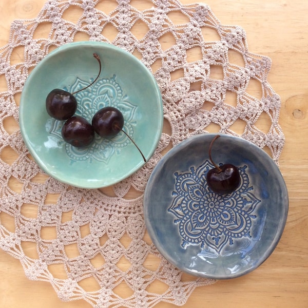 Mandala ceramic dish - Tapas dish - Blue or aqua trinket bowl with mandala -  handbuilt stoneware dessert bowl