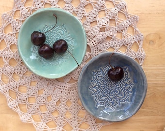 Mandala ceramic dish - Tapas dish - Blue or aqua trinket bowl with mandala -  handbuilt stoneware dessert bowl