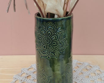 Mandala pattern vase, Green straight vase, Aqua handmade pottery, Ceramic zen decor, Stoneware vase, Indian inspiration