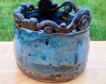 Small Handmade Stoneware Plant Pot – Coiled Blue Ceramic with Bronze Detail
