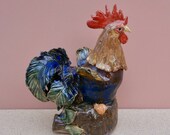 Ceramic rooster sculpture on tree log - Brown blue green cockerel sculpture - Stoneware home decor - Country cottage decor - Ceramic art