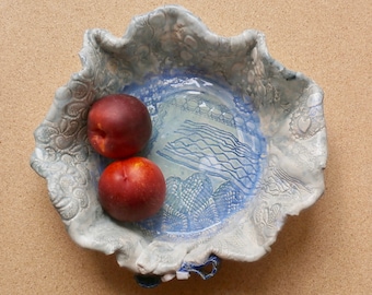 Blue Lace Pottery Bowl: Handmade Stoneware Serving Dish