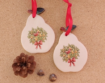 Pear ceramic hanging ornament with Partridge in pear tree decal (Listing for 1 only) - Pottery gift tag -  Pear with holly and mistletoe