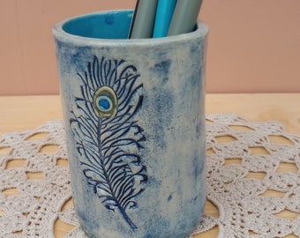 Pen pot with peacock feather, Blue toothbrush holder, Ceramic tumbler, Small vase, Handmade stoneware home decor