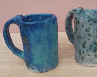 Pinched ceramic mug, Granite or deep lagoon cup, Hand built stoneware drinking vessel