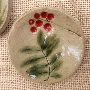 Rowan ring dish Ceramic ring holder Trinket bowl with rowan leaves Handmade stoneware tealight holder small ceramic dish image 3