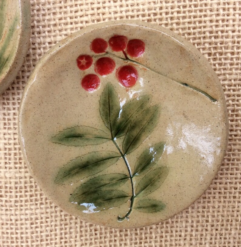 Rowan ring dish Ceramic ring holder Trinket bowl with rowan leaves Handmade stoneware tealight holder small ceramic dish image 3