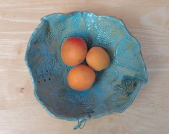 Turquoise Paisley Ceramic Fruit Bowl: Mandala Stoneware Centerpiece
