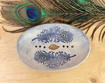 Blue soap dish peacock feathers - green bathroom accessory - stoneware pottery - home decor - cottage chic ceramic