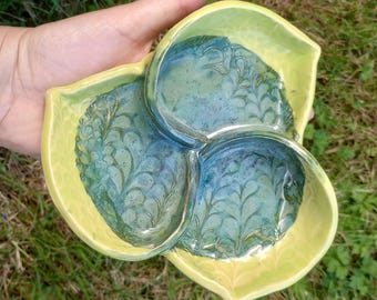 Blue Triquetra ring holder, Handmade stoneware trinket dish, Green Celtic Trinity knot