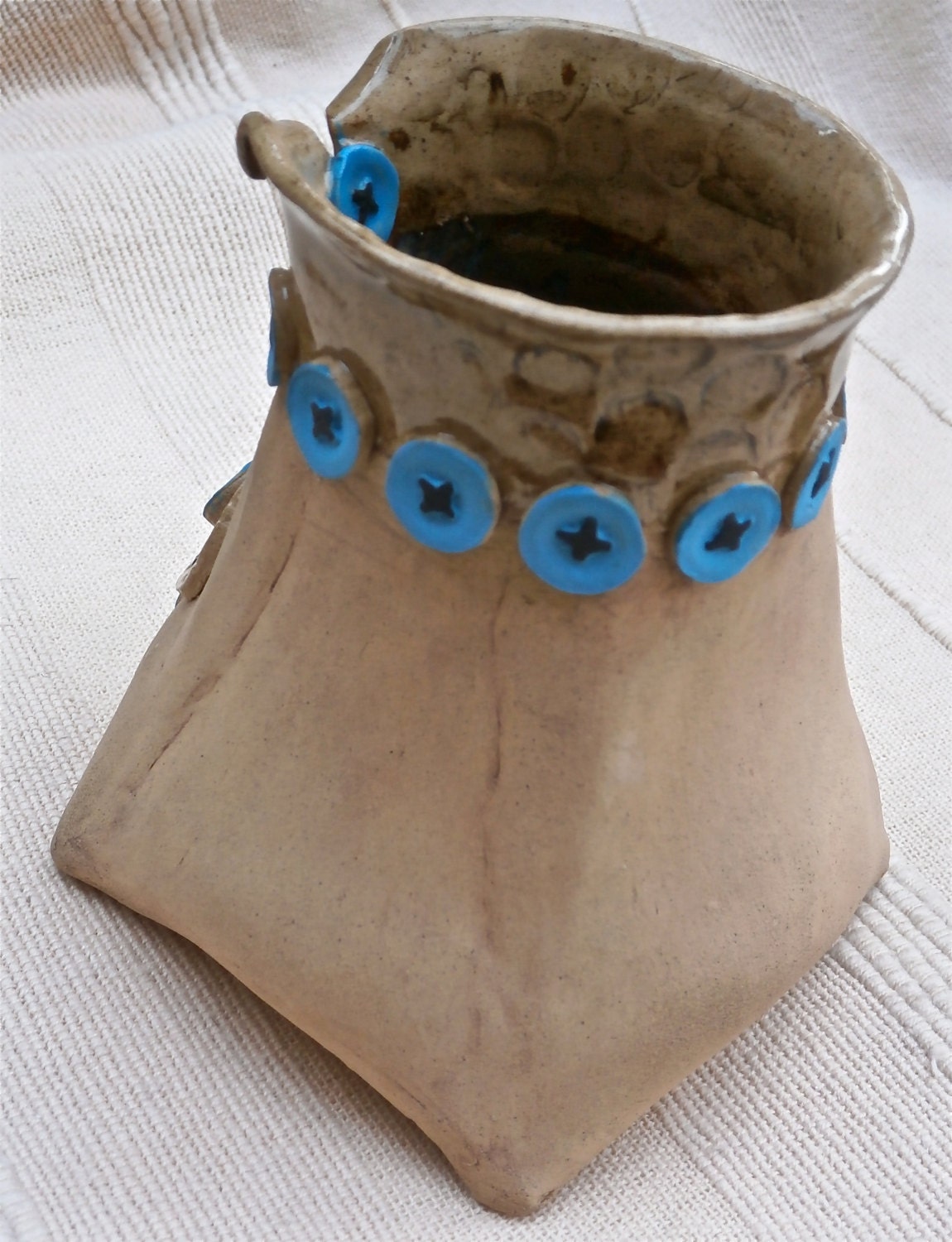 Folk Art Vase Brown and Turquoise Handmade Stoneware Vase Etsy UK