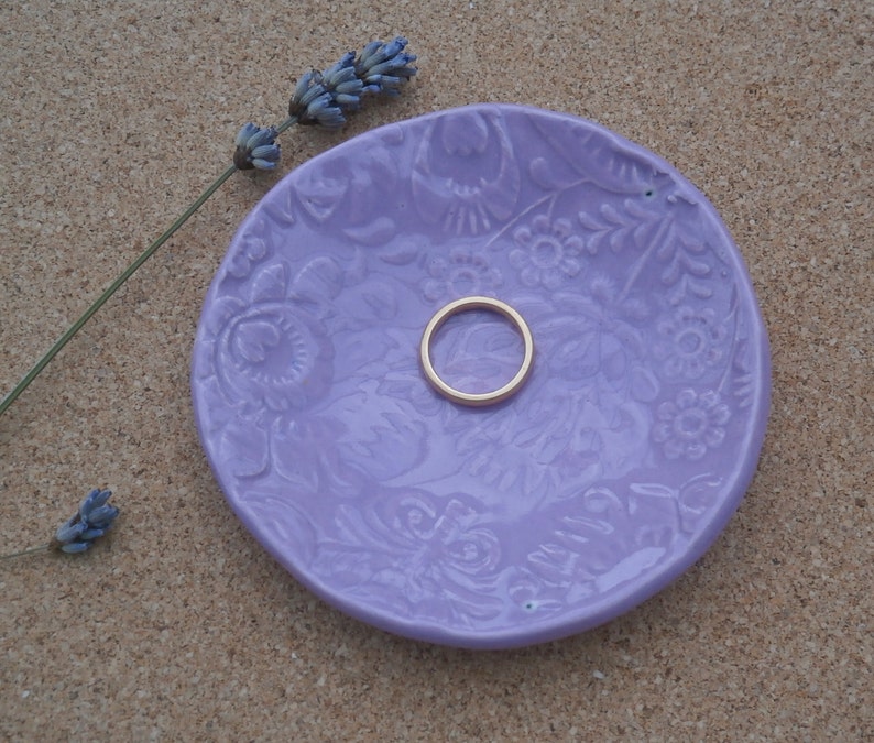 Pottery ring dish Handmade tealight holder: lavender or blue CLEARANCE Folk ceramic ring holder Trinket bowl with flowers