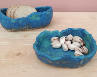 Deep Lagoon Handmade Ceramic Dishes: Rustic Pinched Stoneware Bowls