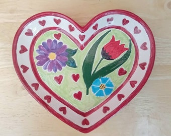 Colourful heart platter, handpainted with flowers and hearts dish, red white and green tray, home decor