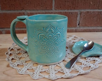 Large Mandala ceramic mug - aqua cup with mandala -  handbuilt stoneware drinking vessel