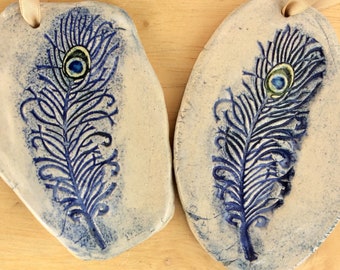 Blue Peacock Feather Ceramic Ornament: Handmade Home Decor