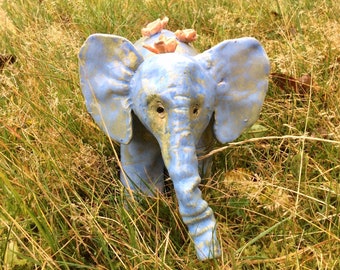 Handmade Blue Pottery Baby Elephant Sculpture with Orange Birds