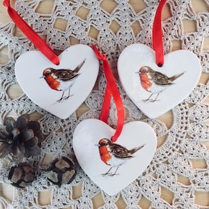 Robin ornament Heart shaped hanger with bird or flower Christmas home decor hanging ornaments image 1