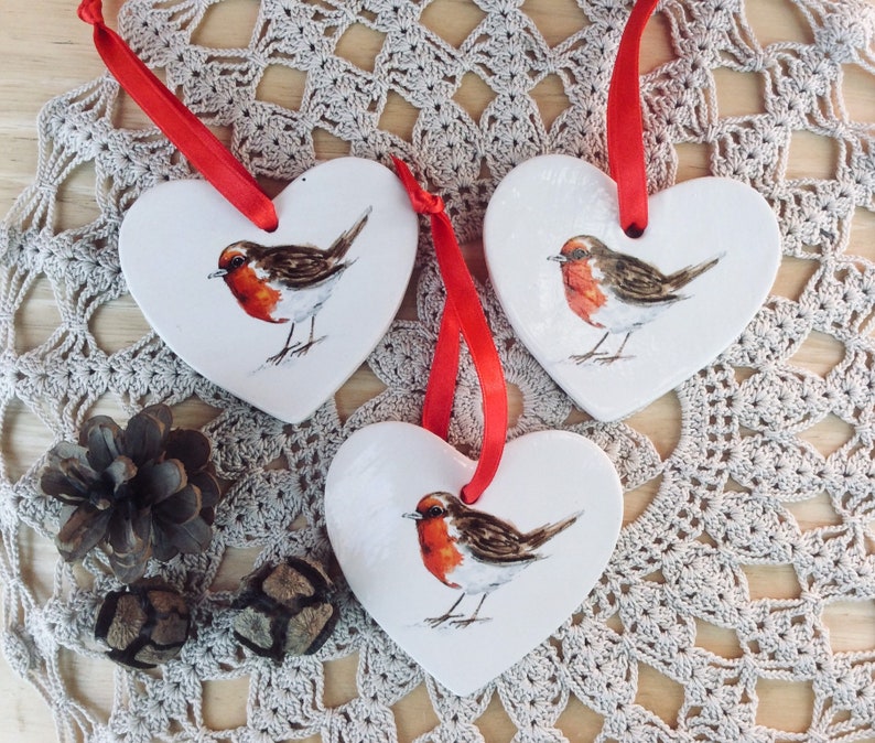Robin ornament Heart shaped hanger with bird or flower Christmas home decor hanging ornaments image 1