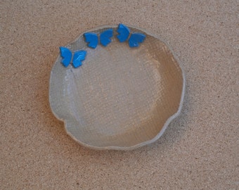 Butterfly trinket dish - Dessert bowl with sky blue butterflies - Handmade stoneware ring dish