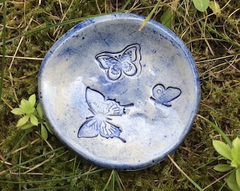 Blue Butterfly and dragonfly ring holder -  Trinket dish - Handmade stoneware tealight holder