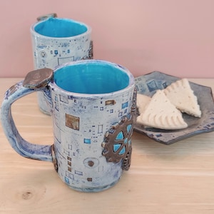 Blue cyberpunk mug -  Circuit board Ceramic cup - Geeky stoneware drinking vessel - Steampunk mug