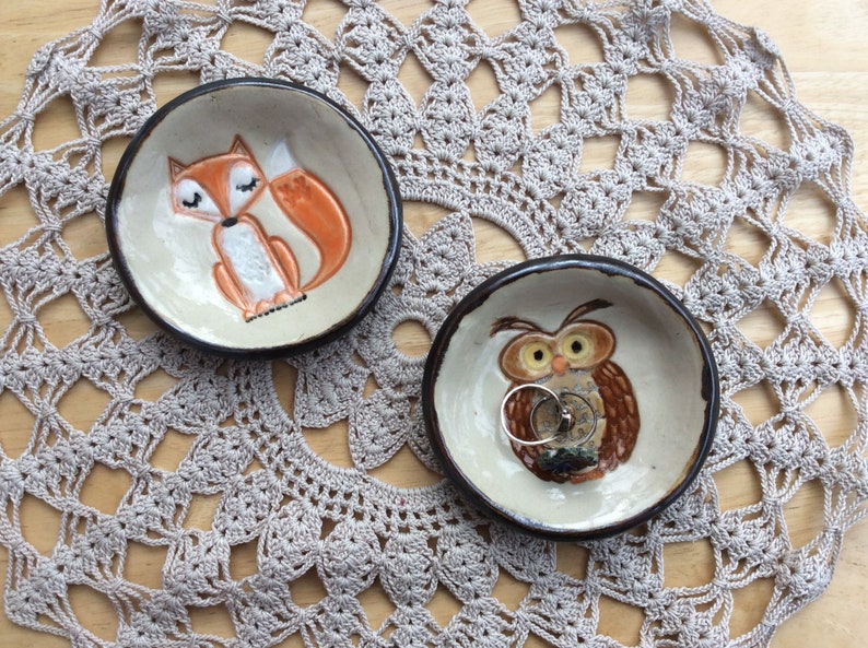 Ring dish with owl or fox, Badger or cat handmade stoneware trinket holder, ring holder image 1