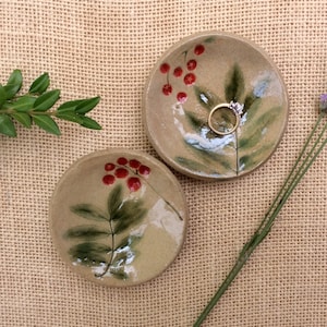 Rowan ring dish Ceramic ring holder Trinket bowl with rowan leaves Handmade stoneware tealight holder small ceramic dish image 1