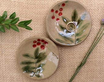 Rowan ring dish - Ceramic ring holder - Trinket bowl with rowan leaves -  Handmade stoneware tealight holder - small ceramic dish