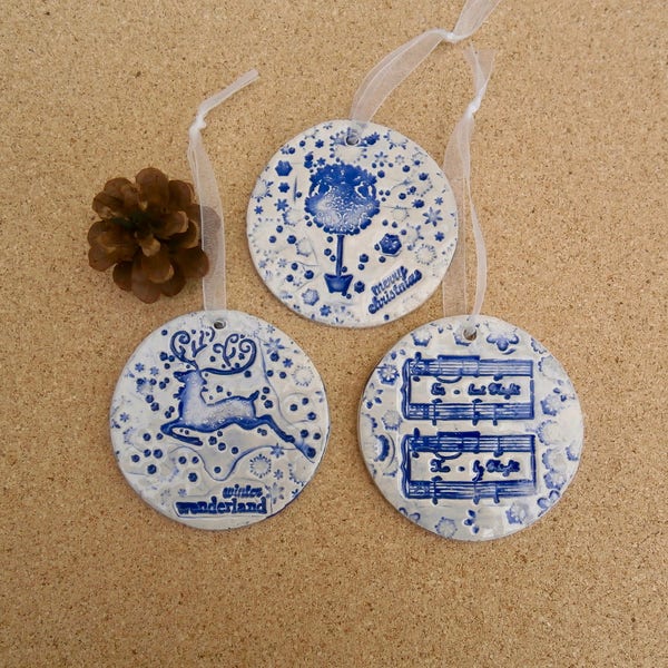 Ceramic hanging Christmas ornaments - blue and white (set of three: deer, tree, 'Silent night' music score)