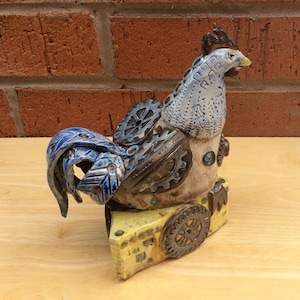 Robot rooster ceramic sculpture, blue steampunk chicken, hen figurine with cogs, geekery