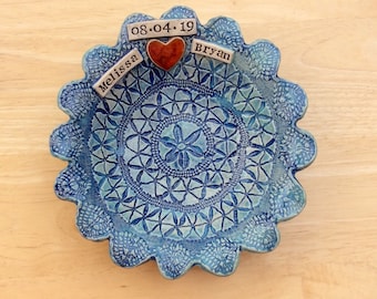 Personalised Wedding Stoneware Bowl: Handmade Lace Pattern Trinket Dish