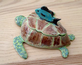 Green Sea Turtle Stoneware Jewellery Box with Blue Fish Handle