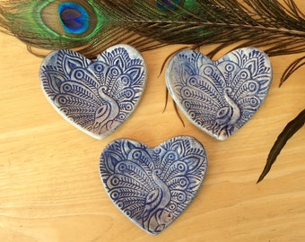 Blue Peacock ring holder -  ceramic heart Trinket dish - Handmade stoneware tealight holder