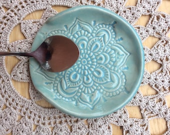 Spoon rest with Mandala pattern, handmade stoneware spoon dish