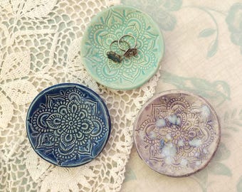 Handmade Stoneware Mandala Dish: Ceramic Ring Holder, Tealight Holder