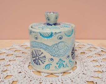 Blue Ceramic Trinket Box: Stoneware Jewellery Holder, UK Handmade