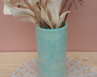 Handmade Aqua or Green  Mandala Pottery Vase: Cottage Chic Stoneware