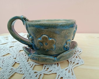 Blue espresso cup and saucer with flowers, Sake cup, shot glass, handmade pottery