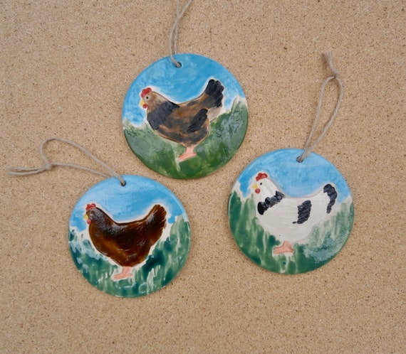 Ceramic Chicken Ornament Hen Hanging Ornament White Or Brown Etsy