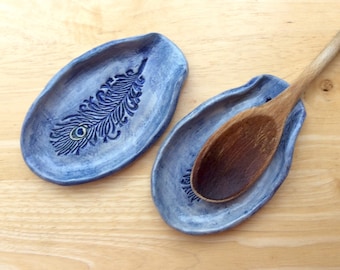 Blue oval spoon rest with peacock feather or butterflies, Handmade stoneware spoon dish, kitchen accessory