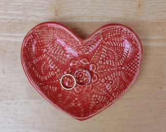 Red heart jewellery holder, Tapas dish, Trinket bowls with lace pattern, handmade home decor, handbuilt stoneware