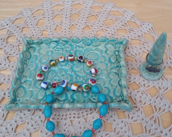 Ceramic jewellery dish and ring cone with lace pattern,  Turquoise trinket bowl,  Small rectangular stoneware tray