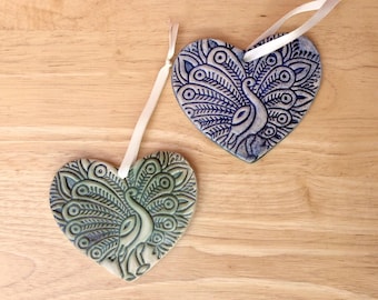 Peacock Heart Ornament: Ceramic Hanging Decoration, Blue or Green