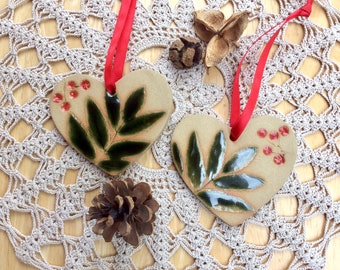 Heart ornament with rowan leaves and berries - ceramic hanging heart