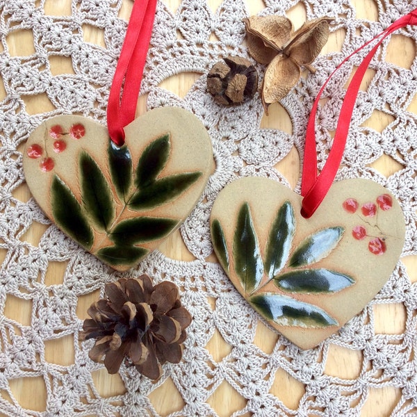 Heart ornament with rowan leaves and berries - ceramic hanging heart