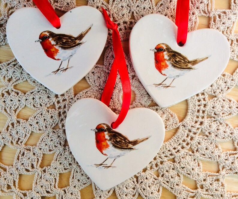 Robin ornament Heart shaped hanger with bird or flower Christmas home decor hanging ornaments image 2