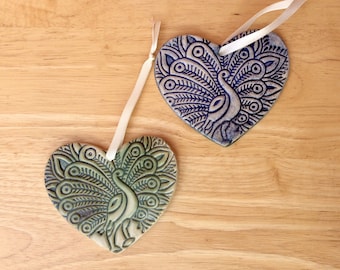 Peacock heart ornament - Blue or green hanging heart with peafowl -  Blue Mother's day gift - Green home decor