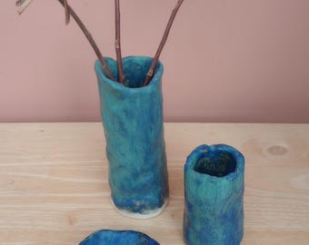 Blue Green Ceramic Vase or Pen Pot: Hand built Stoneware vessel